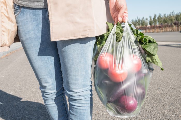 person carrying a plastic bag full of produce