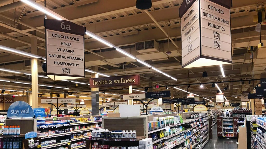 health and wellness aisle at supermarket